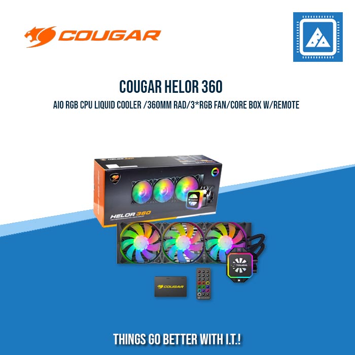 COUGAR HELOR 360 AIO RGB CPU LIQUID COOLER /360MM RAD/3*RGB FAN/CORE BOX W/REMOTE COUGAR HELOR 360 AIO RGB CPU LIQUID COOLER /360MM RAD/3*RGB FAN/CORE BOX W/REMOTE